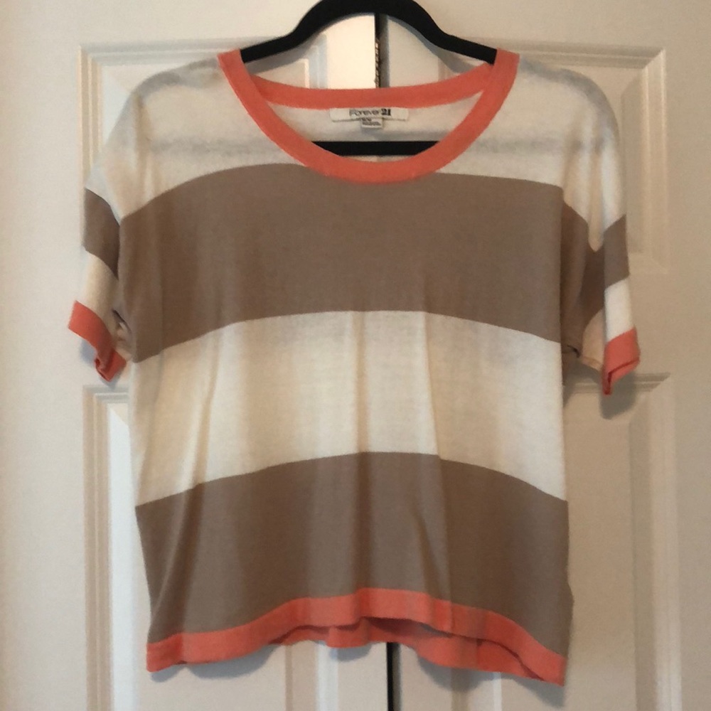 Peach, gray, and white crop top